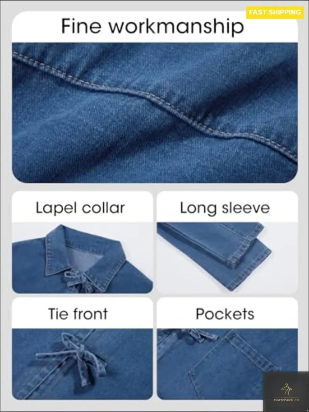 Tie Front Denim Shacket Oversized Loose Fit Y2K Chic Casual Top with Pockets - Picture 4 of 6